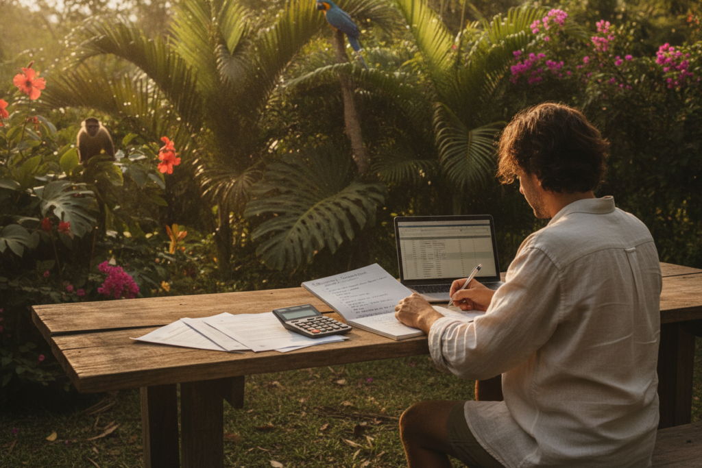 A serene Costa Rican landscape unfolds, showcasing a sunlit outdoor workspace with a rustic wooden table. In the foreground, a person in modest casual clothing is hunched over a notebook, jotting down detailed notes on residency requirements and budgeting plans. Surrounding the table are various documents, a laptop, and a calculator, indicating organized planning. In the mid-ground, lush greenery and vibrant flowers typical of Costa Rica provide a beautiful backdrop, while friendly wildlife, like colorful birds or monkeys, peek through the foliage. The scene is bathed in warm, natural sunlight, creating a relaxed and welcoming atmosphere, evoking a sense of clarity and focus necessary for effective residency documentation and budgeting. Use a wide-angle perspective to capture the entirety of this harmonious setting. A serene Costa Rican landscape unfolds, showcasing a sunlit outdoor workspace with a rustic wooden table. In the foreground, a person in modest casual clothing is hunched over a notebook, jotting down detailed notes on residency requirements and budgeting plans. Surrounding the table are various documents, a laptop, and a calculator, indicating organized planning. In the mid-ground, lush greenery and vibrant flowers typical of Costa Rica provide a beautiful backdrop, while friendly wildlife, like colorful birds or monkeys, peek through the foliage. The scene is bathed in warm, natural sunlight, creating a relaxed and welcoming atmosphere, evoking a sense of clarity and focus necessary for effective residency documentation and budgeting. Use a wide-angle perspective to capture the entirety of this harmonious setting.