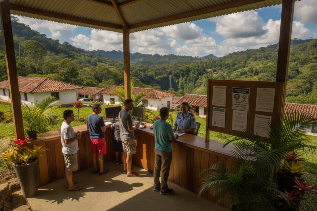 A serene Costa Rican landscape with lush greenery and tropical plants, portraying a welcoming immigration office. In the foreground, a diverse group of individuals in modest, casual clothing consults with a friendly immigration officer, all engaged in a professional setting. The middle ground features informational posters regarding health measures and immigration policies. In the background, the vibrant Costa Rican scenery showcases a blue sky with fluffy white clouds and iconic local architecture. The scene is bathed in natural sunlight, creating a warm and inviting atmosphere. Capture the essence of Costa Rica's friendliness and professionalism in this important aspect of their immigration process. Use a wide-angle lens to emphasize the openness of the environment.