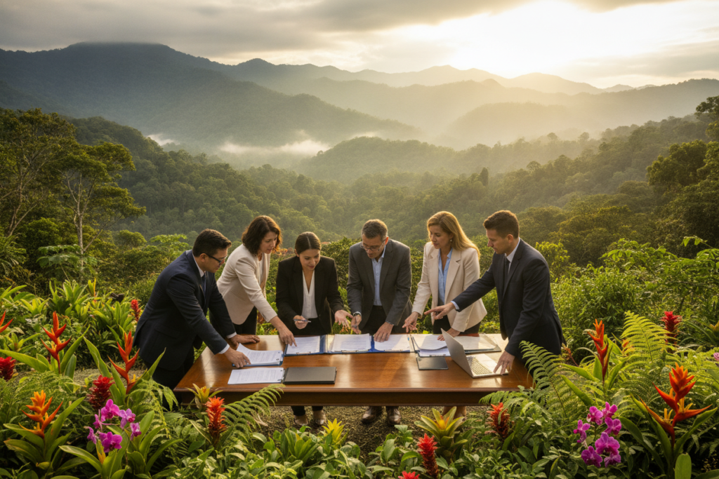A serene Costa Rican landscape with lush greenery and vibrant tropical flowers in the foreground. In the middle, a professional-looking, diverse group of individuals, dressed in smart business attire, gathered around a table with application documents spread out, engaged in a collaborative discussion. They have focused expressions, conveying determination and teamwork. The background features a stunning view of the Costa Rican mountains, bathed in warm, natural sunlight that creates a tranquil and optimistic atmosphere. The composition captures the essence of collaboration and professionalism, emphasizing expert advice and support in the residency application process. The overall mood is inspiring and positive, showcasing a successful journey toward residency in Costa Rica.