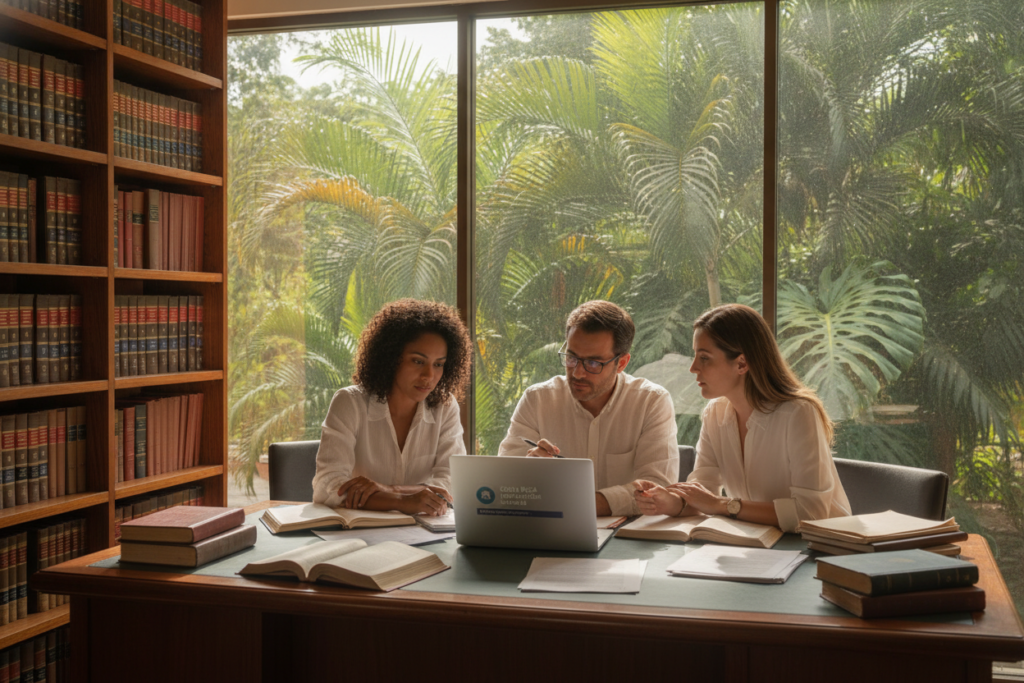 A serene Costa Rican office environment, featuring a polished wooden desk with open legal textbooks and documents related to immigration regulations. In the foreground, a diverse group of three professionals, casually dressed in smart yet relaxed attire, are engaged in discussion, pointing at a laptop displaying immigration updates. The middle ground shows a large window with lush green tropical plants gently swaying outside, indicating a sunny day. The background includes shelves filled with legal books about Costa Rican immigration law. The atmosphere is collaborative and informative, illuminated by warm, natural light filtering through the window, creating a welcoming and focused work setting. A serene Costa Rican office environment, featuring a polished wooden desk with open legal textbooks and documents related to immigration regulations. In the foreground, a diverse group of three professionals, casually dressed in smart yet relaxed attire, are engaged in discussion, pointing at a laptop displaying immigration updates. The middle ground shows a large window with lush green tropical plants gently swaying outside, indicating a sunny day. The background includes shelves filled with legal books about Costa Rican immigration law. The atmosphere is collaborative and informative, illuminated by warm, natural light filtering through the window, creating a welcoming and focused work setting.