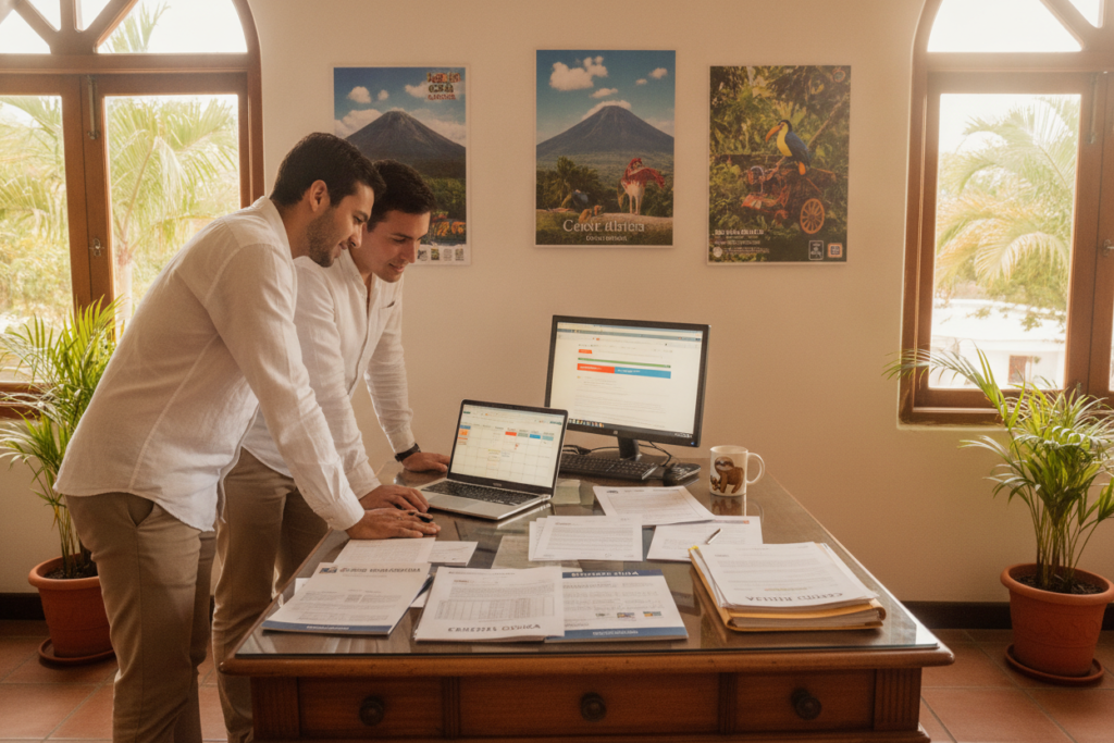 A serene Costa Rican office environment focused on navigating appointments for residency renewal. In the foreground, a young professional couple, casually dressed in smart attire, is discussing appointment details on a laptop. The middle ground features a traditional wooden desk with a computer and paperwork related to residency, including forms and brochures. In the background, a wall with posters depicting Costa Rica's cultural landmarks, and large windows allowing natural light to stream in, creating a warm and welcoming atmosphere. The lighting is soft and bright, capturing the relaxed yet focused mood of the scene, evoking a sense of hope and determination in the process of residency renewal.
