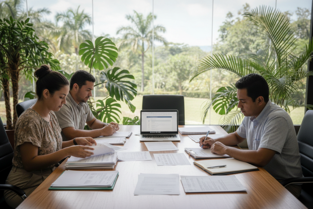 A serene Costa Rican office environment focuses on a diverse group of individuals working collaboratively on residency applications. In the foreground, a professional-looking woman in casual attire gathers documents, highlighting attention to detail. Beside her, a man carefully reviews a checklist, conveying the importance of organization. The middle ground features a table with various paperwork, such as forms and guidelines related to residency applications, surrounded by tropical plants that reflect the Costa Rican landscape. In the background, a large window lets in natural light, illuminating the scene and emphasizing a calm and focused atmosphere. The overall mood is one of diligence and determination, capturing the essence of avoiding common pitfalls in the residency application process.