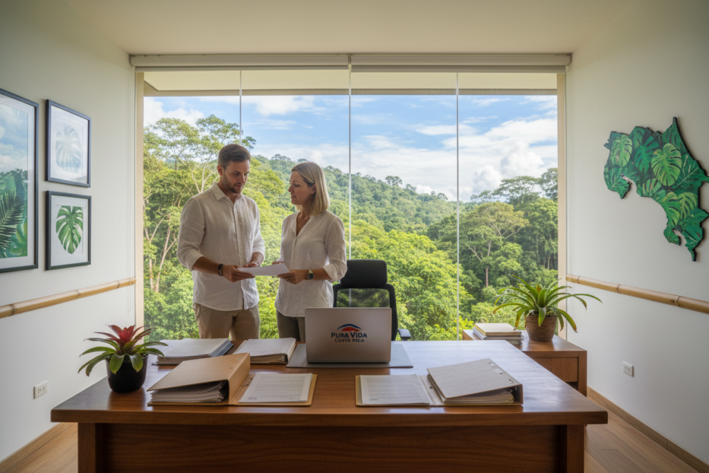 A serene Costa Rican office scene illustrating the basics of residency, featuring a Caucasian male and female staff member dressed in professional business casual attire, engaged in a discussion about residency requirements. In the foreground, a wooden desk is adorned with documents, a laptop displaying the Pura Vida Costa Rica logo, and a potted plant. In the middle, a large window offers a glimpse of lush green rainforest and the vibrant blue sky, symbolizing the country's natural beauty. The background showcases a modern office design with tropical decor. The lighting is bright and inviting, creating a warm atmosphere that conveys professionalism and optimism. The angle is slightly elevated to capture both the staff and the view outside, emphasizing the connection between work and Costa Rican life. A serene Costa Rican office scene illustrating the basics of residency, featuring a Caucasian male and female staff member dressed in professional business casual attire, engaged in a discussion about residency requirements. In the foreground, a wooden desk is adorned with documents, a laptop displaying the Pura Vida Costa Rica logo, and a potted plant. In the middle, a large window offers a glimpse of lush green rainforest and the vibrant blue sky, symbolizing the country's natural beauty. The background showcases a modern office design with tropical decor. The lighting is bright and inviting, creating a warm atmosphere that conveys professionalism and optimism. The angle is slightly elevated to capture both the staff and the view outside, emphasizing the connection between work and Costa Rican life.