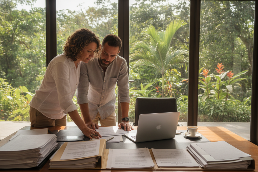 A serene Costa Rican office setting as the foreground, showcasing a wooden desk with neatly organized documents related to the residency application process. In the middle ground, a diverse group of two professionals, one male and one female, both dressed in smart casual attire, are engaged in a discussion over the papers, with a laptop open beside them, reflecting light from a nearby window. The background features a lush tropical landscape visible through the glass doors, with vibrant green foliage and hints of local flora, illuminated by natural sunlight pouring in, creating an inviting and hopeful atmosphere. The scene conveys a sense of warmth and professionalism, capturing the essence of embarking on a new journey in Costa Rica. A serene Costa Rican office setting as the foreground, showcasing a wooden desk with neatly organized documents related to the residency application process. In the middle ground, a diverse group of two professionals, one male and one female, both dressed in smart casual attire, are engaged in a discussion over the papers, with a laptop open beside them, reflecting light from a nearby window. The background features a lush tropical landscape visible through the glass doors, with vibrant green foliage and hints of local flora, illuminated by natural sunlight pouring in, creating an inviting and hopeful atmosphere. The scene conveys a sense of warmth and professionalism, capturing the essence of embarking on a new journey in Costa Rica.