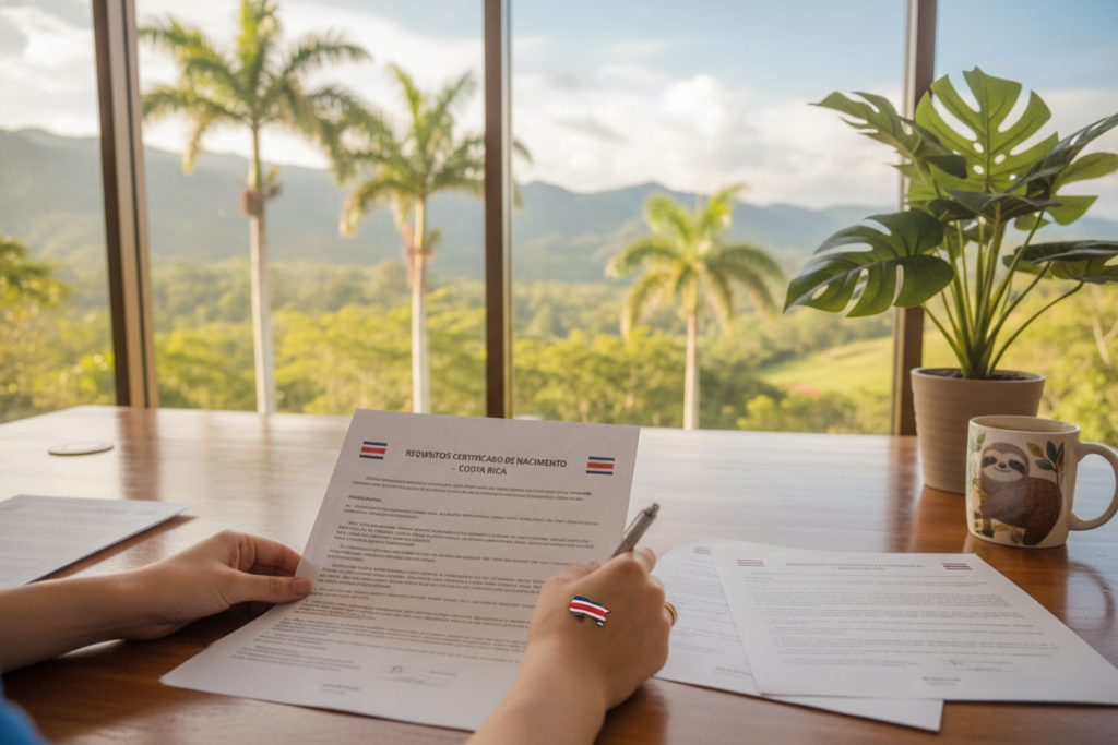 A serene Costa Rican office setting, focused on a wooden desk with scattered documents relating to birth certificate requirements. In the foreground, a pair of hands are thoughtfully reviewing paperwork, featuring Costa Rican icons like the national flag subtly incorporated. The middle ground shows a lush green plant and a coffee mug, creating a cozy atmosphere. In the background, large windows let in warm, natural light, hinting at a view of Costa Rica’s vibrant landscape with palm trees and mountains. The mood is calm and professional, emphasizing the importance of clear preparation amidst potential hurdles in document gathering. Use a soft-focus lens to enhance intimacy while maintaining sharp details on the paperwork.