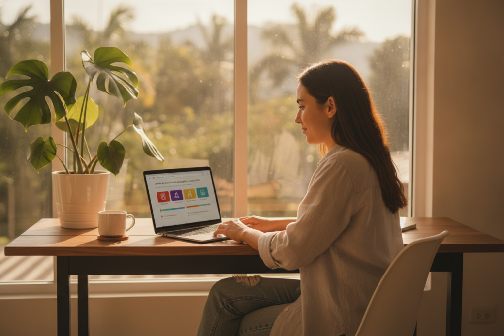 A serene Costa Rican office setting focused on an individual tracking their immigration application online. In the foreground, a person casually dressed in a light, comfortable shirt and denim sits at a modern desk, intently looking at a laptop screen displaying a user-friendly immigration application tracking portal. The middle layer shows a vibrant tropical plant beside the computer, adding a touch of nature, while a coffee cup sits nearby, suggesting a relaxed atmosphere. The background features a window with natural light streaming through, revealing a glimpse of Costa Rica's lush greenery outside. The overall mood is energetic yet calm, perfect for professionals navigating the immigration process. The image should be bright and inviting with warm tones to convey a sense of hope and progress.