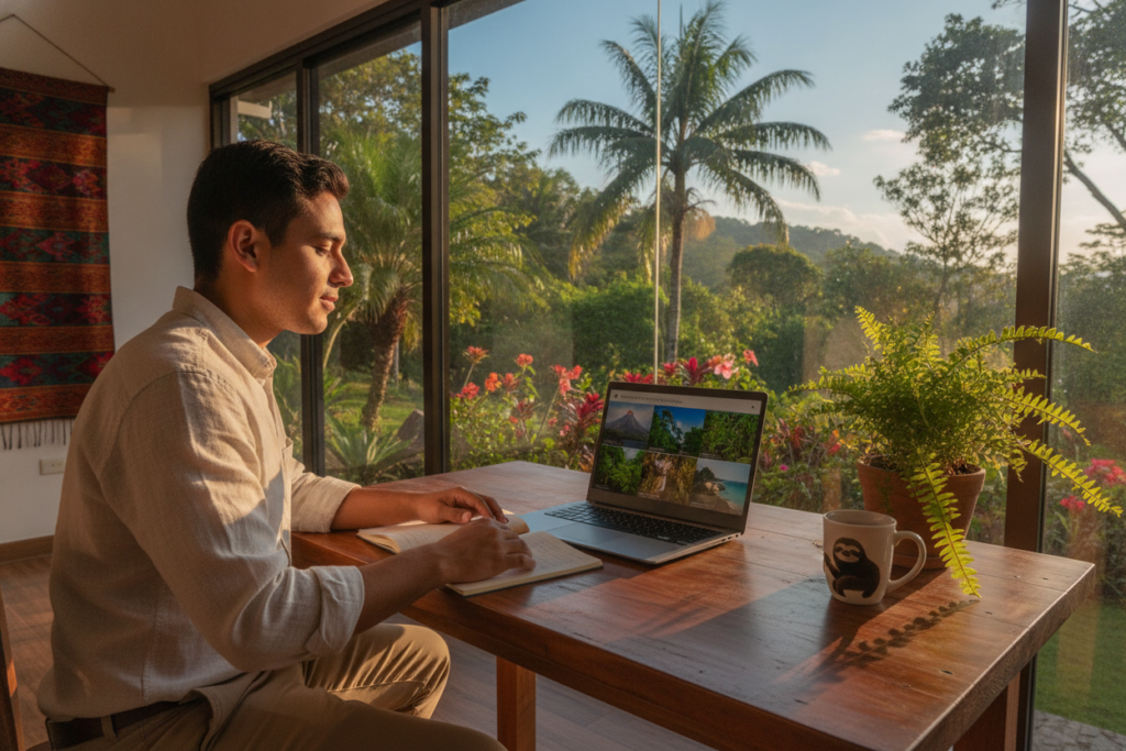 A serene Costa Rican office setting for a residency interview preparation. In the foreground, a young professional of Latin descent dressed in smart casual attire is sitting at a wooden table, reviewing notes and a laptop displaying Costa Rican landscapes. In the middle, a potted plant and a coffee cup suggest a relaxed yet focused atmosphere. The background features large windows allowing natural light to flood the room, revealing a vibrant tropical garden outside. Soft, warm lighting enhances the feeling of calm and preparedness. Capture a sense of anticipation and optimism in the atmosphere, emphasizing the cultural richness of Costa Rica. Use a wide-angle lens perspective to showcase the entire setting while focusing on the individual preparing intently.