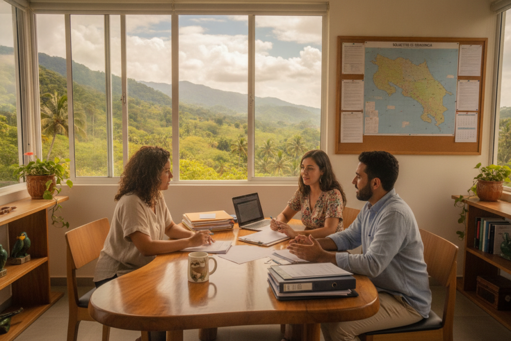 A serene Costa Rican office setting illustrating the residency application process. In the foreground, a diverse group of three professionals are seated at a wooden table, reviewing documents and discussing important steps. They are dressed in casual business attire, radiating a collaborative atmosphere. In the middle ground, a colorful Costa Rican landscape is visible through large windows, showcasing lush green hills and tropical trees, enhancing the feeling of a warm, welcoming environment. In the background, a soft-focus view of the office features a bulletin board displaying important forms and maps of Costa Rica, subtly reinforcing the theme of residency. The lighting is soft and natural, creating an inviting and tranquil mood. The perspective is slightly elevated, giving a comprehensive view of the workspace and the professionals engaged in conversation.