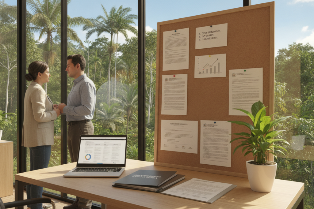 A serene Costa Rican office setting showcasing essential documents for residency requirements, with a focus on investment papers and official forms. In the foreground, an organized desk featuring a laptop, a stack of paperwork, and a vibrant potted plant. The middle layer displays a corkboard with pinned notes about investment opportunities and residency steps. In the background, large windows reveal a lush, green tropical landscape with palm trees under a bright blue sky, creating a tranquil atmosphere. Natural lighting floods the scene, casting soft shadows and highlighting the textures of the papers and wood. Convey a mood of professionalism and clarity, suitable for a business-focused environment, with individuals in smart casual attire engaging in discussion about residency requirements.
