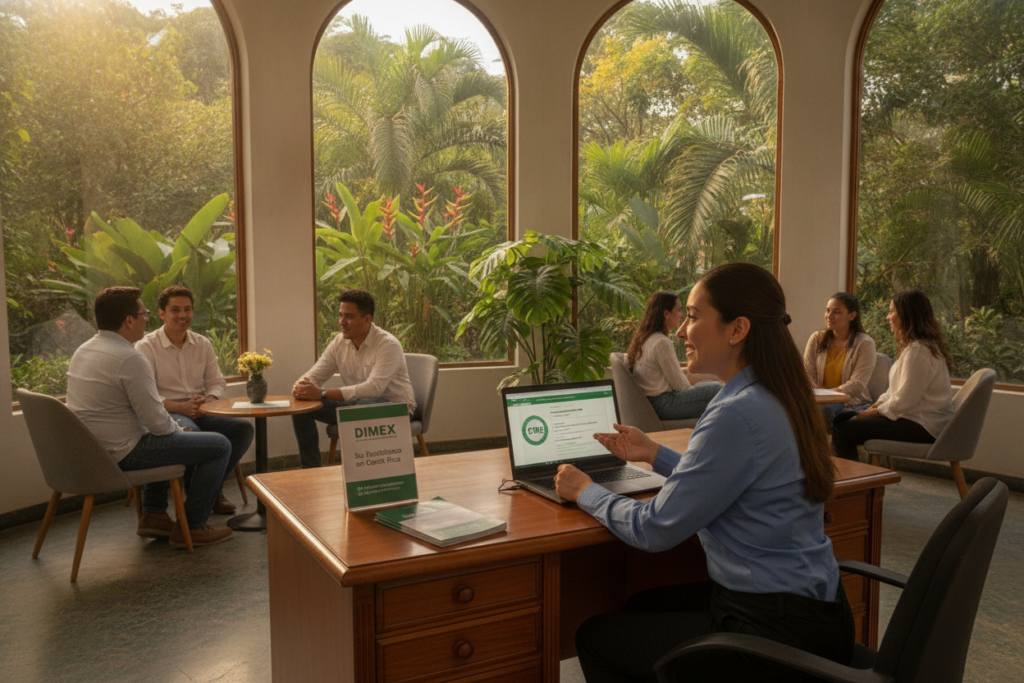 A serene Costa Rican office setting that conveys professionalism and support for DIMEX card applicants. In the foreground, a friendly, clearly defined CRIE representative, dressed in smart professional attire, is attentively assisting a newcomer at a sleek desk with DIMEX brochures and a laptop open, displaying application details. In the middle ground, a diverse group of people in modest casual clothing are engaged in discussions, reflecting a sense of community support. The background features lush greenery of Costa Rican plants, bathed in warm, natural light coming through large windows, creating a welcoming and hopeful atmosphere. The image should evoke a sense of guidance and ease for those navigating their residency journey in Costa Rica.
