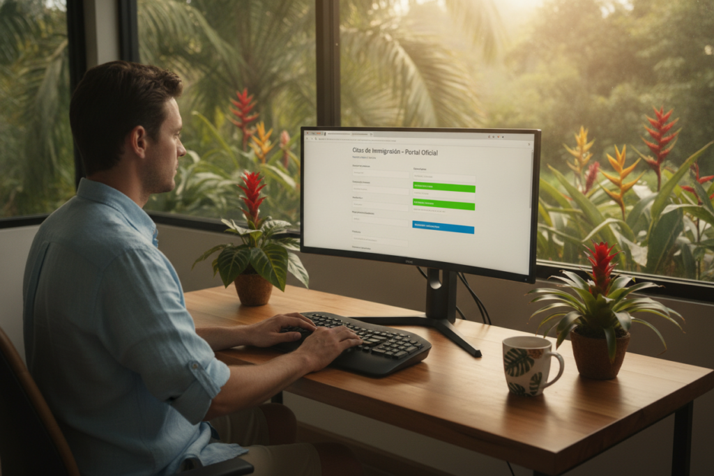 A serene Costa Rican office setting with a modern computer setup displaying the immigration appointment portal on the screen in vivid detail. In the foreground, a casually dressed individual, focused and engaged, types on the keyboard. The middle ground features an inviting desk with tropical plants and a coffee cup, suggesting a relaxed yet productive atmosphere. The background includes a large window revealing lush greenery and vibrant flowers native to Costa Rica, bathed in warm, natural light. The angle captures the scene from a slight diagonal, emphasizing the connection between the user and the technology. The overall mood is professional yet approachable, embodying a smooth digital experience.
