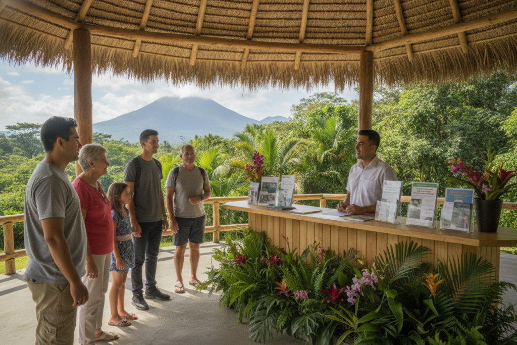 A serene Costa Rican outdoor immigration office setting, showcasing a friendly and professional atmosphere. In the foreground, a casually dressed immigration officer engaging with a diverse group of individuals seeking assistance, all appearing focused and optimistic. The middle ground features an information desk adorned with tropical plants, along with brochures highlighting entry processes during special circumstances. In the background, vivid greenery typical of Costa Rica, with a hint of mountains under a clear blue sky, radiating natural light. The scene is bright and inviting, with soft shadows enhancing the warmth of the moment, captured at a slightly angled perspective to provide depth. The overall mood reflects hope and support for newcomers navigating unique entry situations.