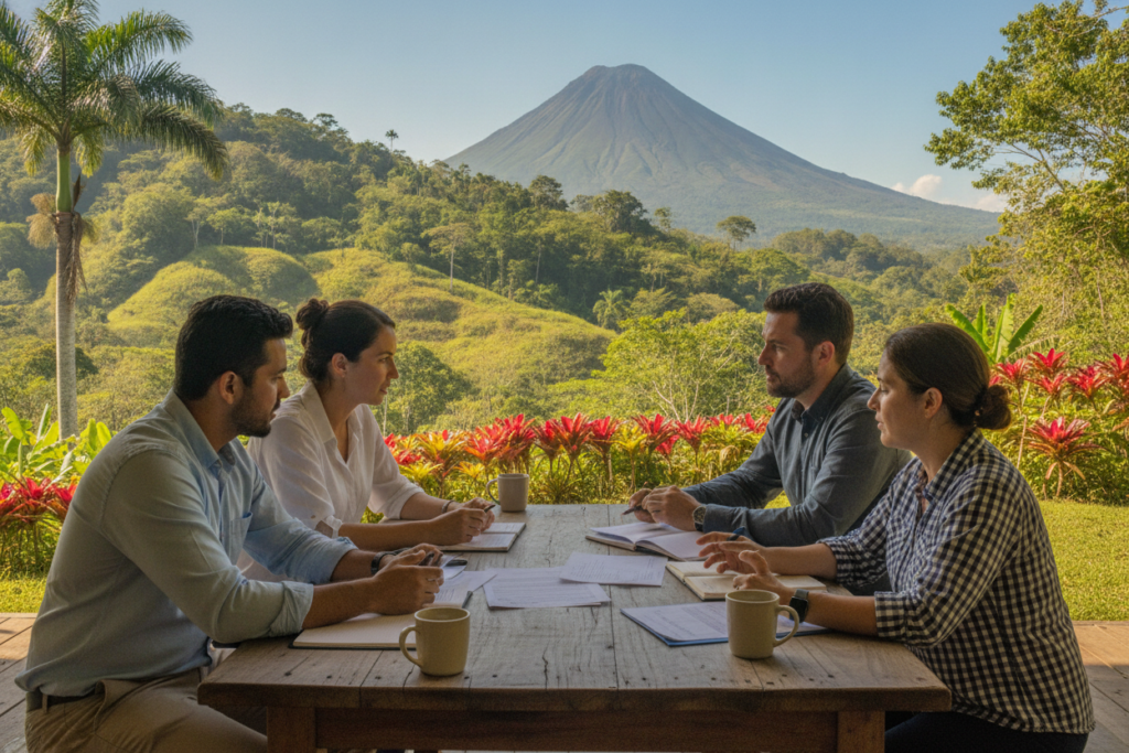 A serene Costa Rican scene depicting a group of professionals engaged in a discussion outdoors. In the foreground, a diverse group of three people, two men and one woman, dressed in smart casual attire, are actively reviewing paperwork and sharing ideas, with a backdrop of lush green hills and vibrant tropical flora. The middle ground features a rustic wooden table adorned with a laptop and coffee mugs, suggesting a collaborative atmosphere. In the background, a clear blue sky hints at a sunny day, while the iconic silhouette of a volcano is faintly visible. Natural light bathes the scene, creating a warm and inviting mood, focusing on a sense of productivity and community in maintaining residency in Costa Rica.