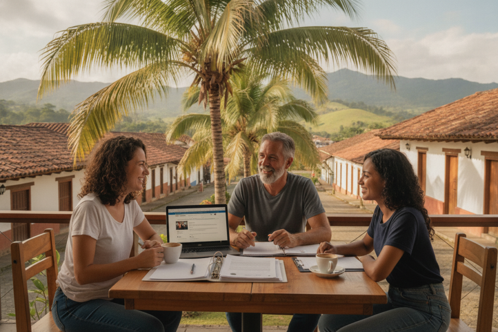 A serene Costa Rican scene depicting practical steps for residency application. In the foreground, a diverse group of three people casually dressed, representing various ages and backgrounds, are engaged in conversation at a cozy outdoor café, with papers and a laptop open on a table. In the middle ground, lush green palm trees frame the setting, while a colorful Costa Rican landscape showcases hills and distant mountains under a clear blue sky. The background features charming colonial-style buildings typical of Costa Rica, bathed in warm, natural sunlight. The atmosphere is friendly and professional, with an air of optimism and collaboration, reflecting the pursuit of residency in Costa Rica.