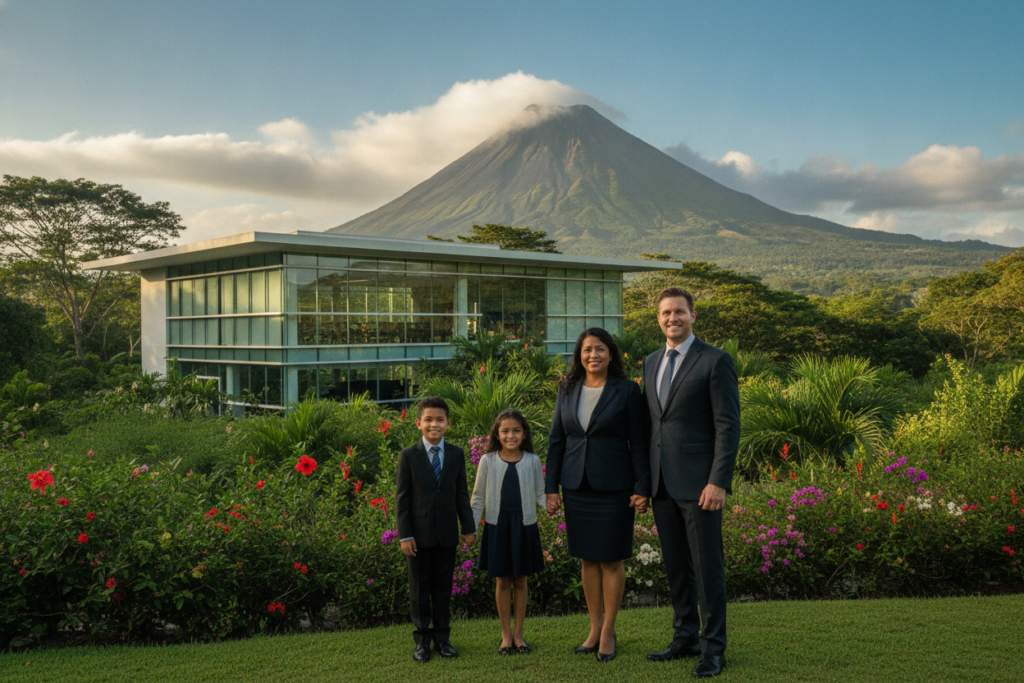 A serene Costa Rican scene depicting real-world considerations for residency. In the foreground, a diverse family of four in professional business attire, demonstrating unity, with their smiles showing optimism. The middle ground features a contemporary office building surrounded by lush greenery and local flora, symbolizing investment opportunities. In the background, the majestic Arenal Volcano shrouded in light clouds, under a bright blue sky with soft golden sunlight illuminating the scene, creating a warm and inviting atmosphere. Capture the essence of balance between nature and modern life, highlighting the charm and potential of Costa Rica as a haven for families and investors. Emphasize photorealism with natural lighting and a slightly elevated angle to provide an expansive view of the landscape and structures.