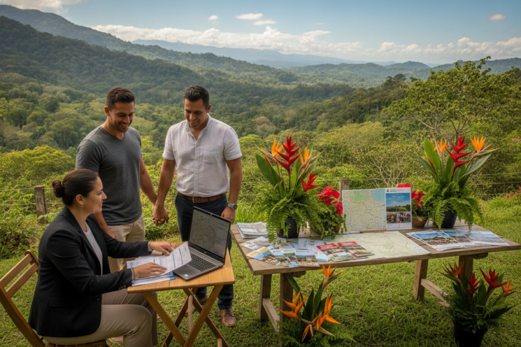 A serene Costa Rican scene illustrating the journey toward residency. In the foreground, a professional consultant in business attire, guiding a diverse group of potential residents, including a couple and a single individual, all engaged in an animated discussion, showcasing paperwork and a laptop. In the middle, a wooden table filled with brochures and maps of Costa Rica, surrounded by lush tropical greenery and vibrant flowers, evoking a sense of warmth and opportunity. The background features a picturesque view of Costa Rican hills and clear blue sky under soft, natural lighting, enhancing an atmosphere of hope and clarity. Shot from a slightly elevated angle to capture all elements harmoniously, focusing on the interaction and resources provided.