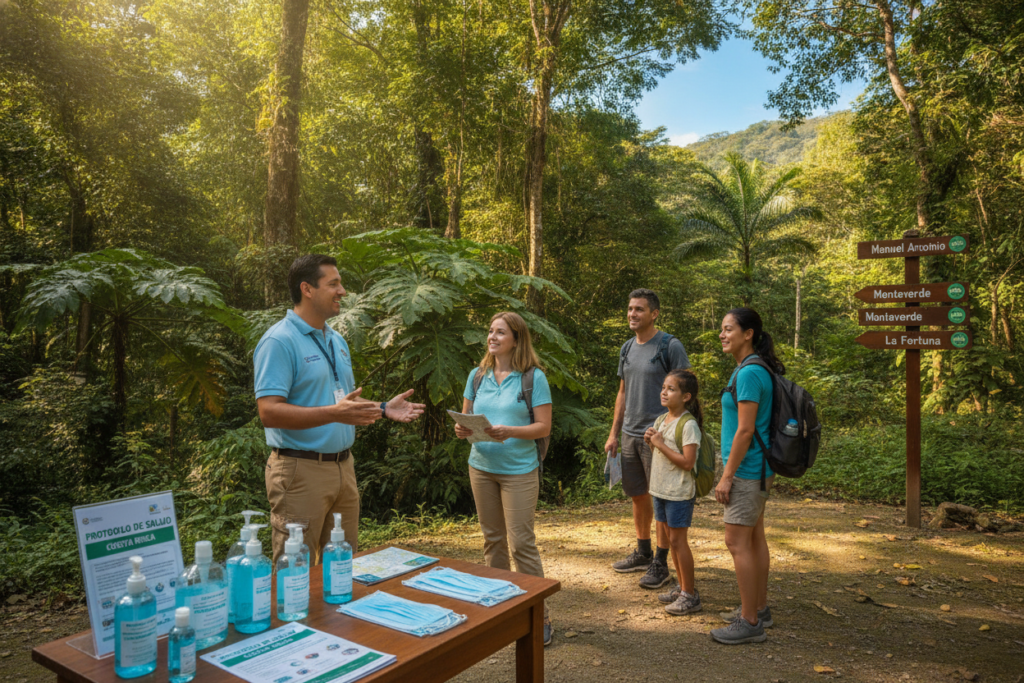 A serene Costa Rican scene showcasing health protocols for travelers. In the foreground, a small table with health guides, hand sanitizers, and protective masks neatly arranged. To the left, a smiling, casually dressed local health official wearing a polo shirt and light trousers interacts with a family, giving them information about safety measures in Spanish. In the middle, a lush tropical backdrop features vibrant green foliage and a clear blue sky, reflecting the welcoming atmosphere. The sunlight filters through the trees, creating dappled shadows on the ground. In the background, a signpost points towards various tourist destinations, emphasizing the importance of safety while traveling. The overall mood is warm and informative, embodying Costa Rica's commitment to traveler health and safety.