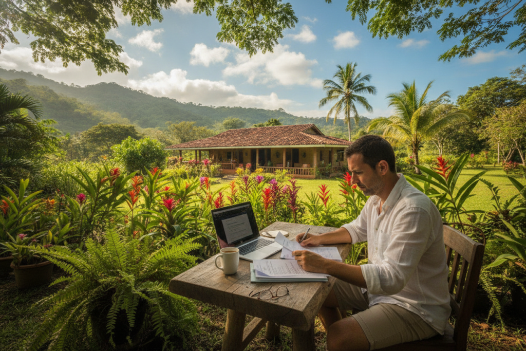 A serene and engaging outdoor scene in Costa Rica focused on preparing residency applications. In the foreground, a casually dressed individual is seated at a rustic wooden table, surrounded by paperwork, a laptop, and a coffee cup, reviewing documents with a tropical landscape in the background. The middle ground features lush green plants and vibrant flowers under soft natural light, suggesting a peaceful atmosphere. In the background, you can see the outline of a traditional Costa Rican house with a backdrop of rolling hills and a bright blue sky, enhancing the feeling of being immersed in the local culture. The image conveys a sense of focus and professionalism while embracing the relaxed vibe of Costa Rica.