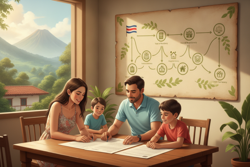 A serene and informative illustration capturing the concept of "Timeline and Requirements for Naturalization in Costa Rica." In the foreground, a Costa Rican family is gathered around a table, reviewing documents, dressed in modest casual clothing, showcasing a sense of community and aspiration. The middle ground features a stylized timeline chart on a large paper, highlighting key milestones and requirements for naturalization, adorned with symbols of Costa Rica like the flag and tropical flora. In the background, a lush green landscape hints at famous Costa Rican landmarks, under soft, natural lighting that evokes a calm and hopeful atmosphere. The image should be photorealistic, emphasizing clarity and details without text or any extraneous markings.