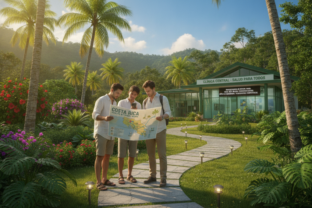A serene and informative scene depicting health and vaccination guidelines for entering Costa Rica. In the foreground, a diverse group of three travelers, casually dressed in light, comfortable clothing, consult a detailed map that highlights vaccination sites and health tips. In the middle ground, a vibrant tropical landscape showcases recognizable Costa Rican flora, such as palm trees and colorful flowers, while a soft pathway leads toward a modern health clinic, symbolizing accessibility to healthcare. The background features the lush green hills typical of Costa Rica, under a bright blue sky punctuated by fluffy clouds. Natural sunlight illuminates the scene, creating a warm and welcoming atmosphere, inviting viewers to feel safe and informed about their health choices while traveling.