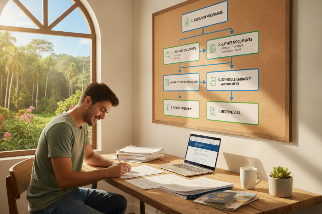 A serene and informative scene depicting the application steps for a student visa in Costa Rica. In the foreground, a casually dressed young student is filling out visa application forms at a wooden desk, surrounded by relevant documents and a laptop. In the middle ground, a well-organized flowchart illustrating the application steps is pinned on the wall, with arrows pointing to each phase like "Gather Documents," "Submit Application," and "Attend Interview." The background features a bright, sunlit window showcasing lush Costa Rican greenery outside. Natural light streams into the room, creating a warm, welcoming atmosphere. The overall tone is encouraging and professional, aimed at aspiring students looking to study in Costa Rica.