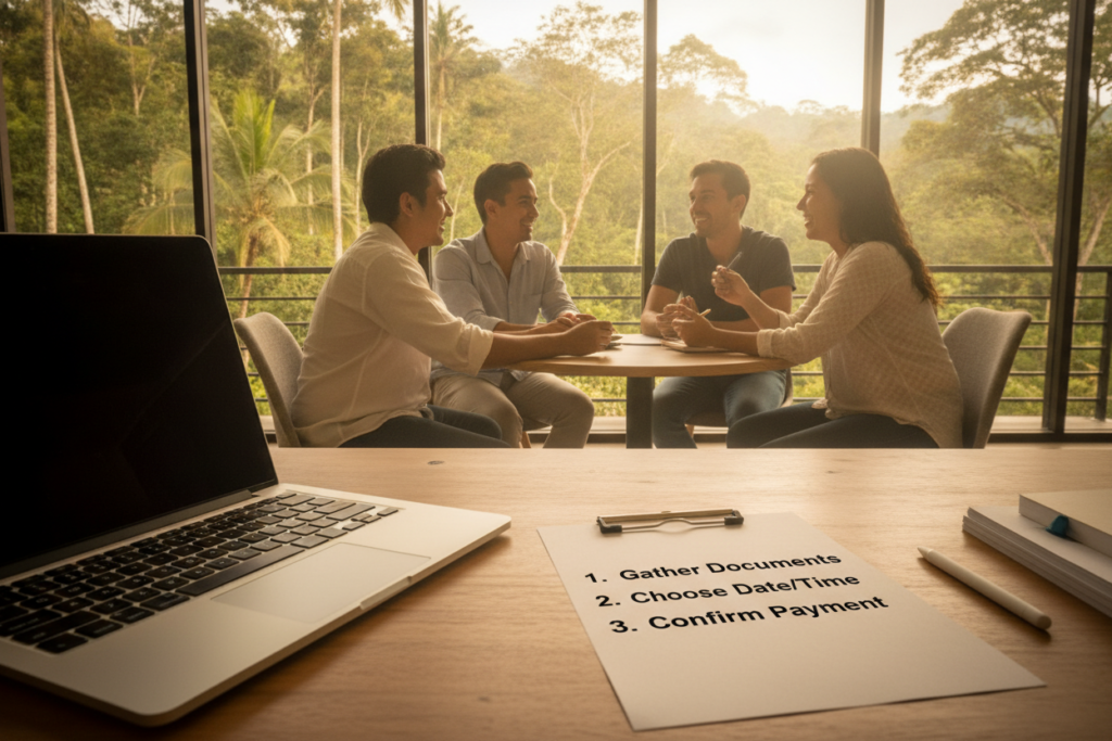 A serene and inviting Costa Rican office scene showcasing the "Steps to Book Your Renewal Appointment." In the foreground, a neatly arranged desk with a laptop and a checklist detailing appointment steps, such as "Gather Documents," "Choose Date," and "Confirm Payment." In the middle ground, a diverse group of casually dressed individuals engaged in a friendly discussion, with some holding pens and notebooks, reflecting a collaborative atmosphere. The background features a large window revealing a lush, tropical landscape, bathed in natural sunlight, enhancing a positive and warm environment. The camera angle is slightly elevated, providing a comprehensive view of the workspace while maintaining an intimate feel. The overall mood is focused yet relaxed, embodying the supportive process of renewing a visa.