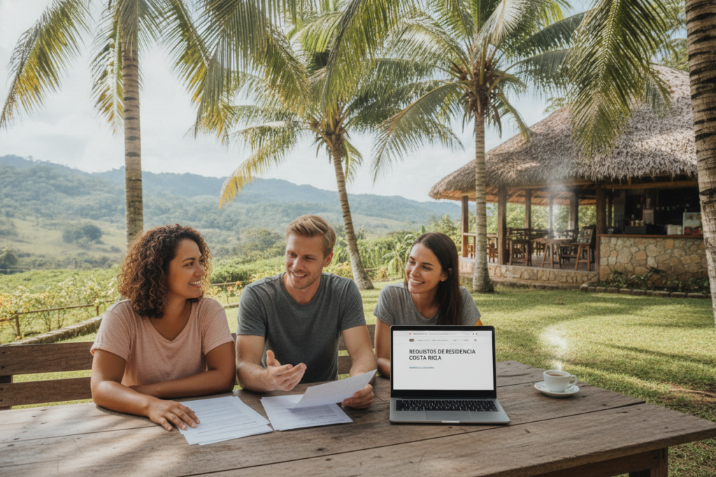 A serene and inviting landscape of Costa Rica showcasing a lush green environment, with rolling hills in the background beneath a clear blue sky. In the foreground, a diverse group of three casually dressed adults—one Costa Rican, one American, and one European—are engaged in a discussion, looking at paperwork and a laptop that displays information about residency requirements. The scene captures a warm, friendly atmosphere, with sunlight filtering through palm trees, casting gentle shadows. A cozy, rustic coffee shop can be seen in the middle ground, adding to the local charm. Soft focus on the background ensures the emphasis is on the individuals and their collaboration, reflecting the theme of understanding the role of residency in obtaining citizenship.