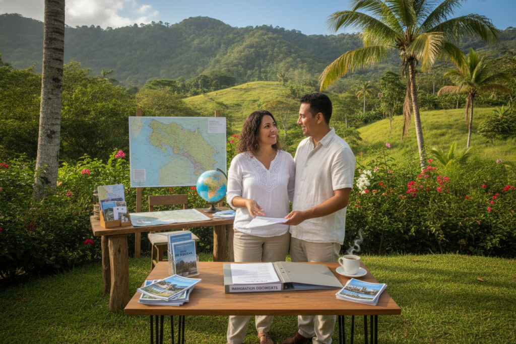 A serene and inviting scene depicting a vibrant Costa Rican landscape, showcasing lush green hills and clear blue skies. In the foreground, a friendly Costa Rican couple, casually dressed in light, comfortable clothing, stands beside a table with documents and a coffee, symbolizing support and guidance. The couple is engaged in a pleasant conversation, their expressions conveying warmth and professionalism. In the middle ground, elements like a small office setup with maps and brochures on Costa Rica immigration can be seen, emphasizing the assistance offered. The background features a beautiful view of Costa Rica’s iconic scenery, including palm trees and colorful flowers, illuminated by soft, natural sunlight that creates a welcoming atmosphere. The image captures a sense of hope and community. A serene and inviting scene depicting a vibrant Costa Rican landscape, showcasing lush green hills and clear blue skies. In the foreground, a friendly Costa Rican couple, casually dressed in light, comfortable clothing, stands beside a table with documents and a coffee, symbolizing support and guidance. The couple is engaged in a pleasant conversation, their expressions conveying warmth and professionalism. In the middle ground, elements like a small office setup with maps and brochures on Costa Rica immigration can be seen, emphasizing the assistance offered. The background features a beautiful view of Costa Rica’s iconic scenery, including palm trees and colorful flowers, illuminated by soft, natural sunlight that creates a welcoming atmosphere. The image captures a sense of hope and community.