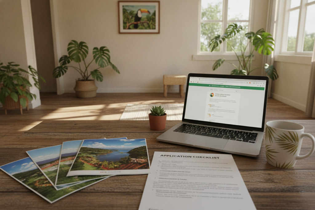 A serene and inviting scene depicting resources for Costa Rica immigration applications. In the foreground, a wooden table is covered with organized documents, including colorful brochures and a checklist titled "Application Checklist". A well-used laptop shows an online immigration portal. A coffee mug and a small potted plant add a touch of warmth. In the middle background, a cozy office space features a calming interior with tropical plants and local artwork. Natural light streams through a large window, casting soft shadows. The atmosphere is professional yet relaxed, conveying a sense of preparation and hope. The setting embodies a Costa Rican vibe with earthy tones and light textures, evoking a feeling of ease and approachability.