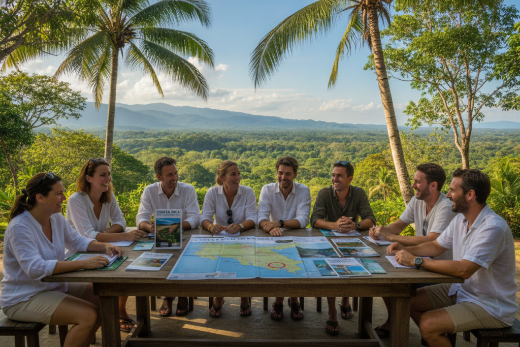 A serene and inviting scene depicting temporary residency options in Costa Rica. In the foreground, a diverse group of casually dressed expats are gathered around a large table, discussing various residency methods with smiles and engaged expressions. In the middle ground, elements such as brochures and maps specific to Costa Rica's residency options are spread out across the table, featuring images of scenic locations and key information. The background shows a lush, tropical landscape typical of Costa Rica, with vibrant greenery and distant mountains under a clear blue sky. Natural sunlight filters through trees, enhancing the warm and welcoming atmosphere, creating a sense of exploration and opportunity. The perspective is slightly elevated, capturing both the expats' engagement and the beautiful surroundings, portraying a relaxed yet informative mood.