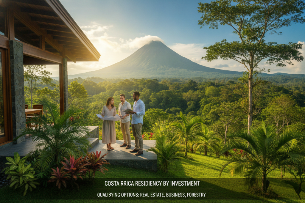 A serene and inviting scene depicting the key investment requirements for residency in Costa Rica, showcasing a modern Costa Rican property with vibrant greenery in the foreground. Include casually dressed individuals engaged in a discussion about real estate investment, with a backdrop of the iconic Arenal Volcano and lush tropical landscapes in the middle ground. The background should feature a clear blue sky with natural sunlight filtering through. Use a wide-angle lens to capture the expansive view, emphasizing the tranquility and opportunity Costa Rica offers to investors. The mood should be optimistic and professional, highlighting potential for growth and community in real estate investment. A serene and inviting scene depicting the key investment requirements for residency in Costa Rica, showcasing a modern Costa Rican property with vibrant greenery in the foreground. Include casually dressed individuals engaged in a discussion about real estate investment, with a backdrop of the iconic Arenal Volcano and lush tropical landscapes in the middle ground. The background should feature a clear blue sky with natural sunlight filtering through. Use a wide-angle lens to capture the expansive view, emphasizing the tranquility and opportunity Costa Rica offers to investors. The mood should be optimistic and professional, highlighting potential for growth and community in real estate investment.