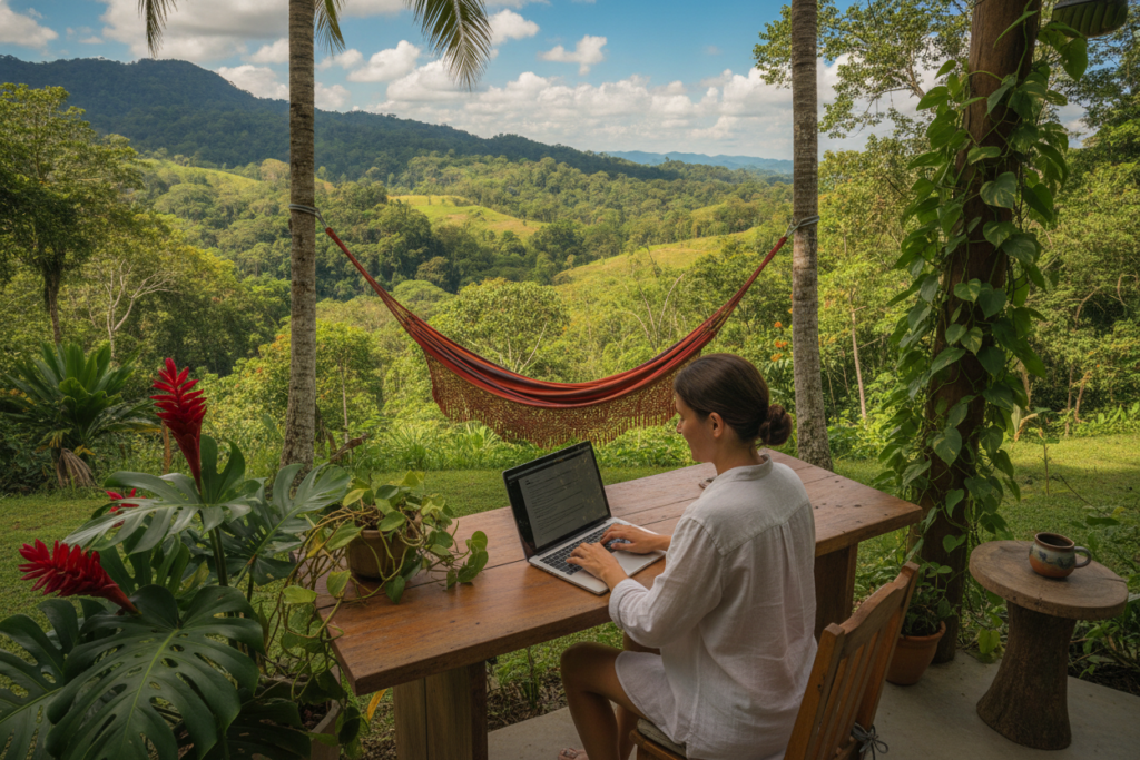 A serene and inviting scene of a person working remotely in a vibrant Costa Rican landscape. In the foreground, a casually dressed individual sits comfortably at a rustic wooden table, typing on a laptop, surrounded by tropical plants and a view of the lush green hills. In the middle ground, there’s a gently swaying hammock and a cup of coffee, hinting at a relaxed work environment. The background features a bright blue sky dotted with fluffy white clouds, enhancing the natural light filtering through the trees. Capture a warm, positive atmosphere, suggesting productivity and tranquility. Use a slightly elevated angle to encompass the entire scene, ensuring the focus remains on the remote work experience. The lighting should be soft and natural, reflecting a peaceful day in Costa Rica.