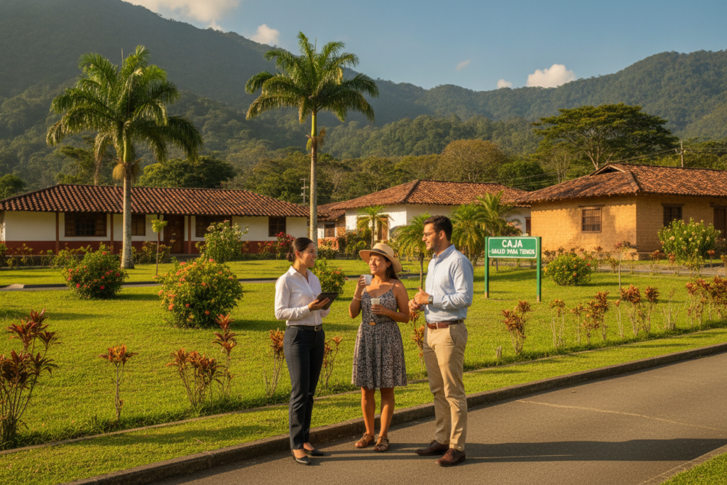 A serene and inviting scene set in a vibrant Costa Rican landscape, featuring a picturesque view of a small town representative of the region. In the foreground, a diverse group of three residents is engaged in a friendly conversation, dressed in professional business attire and modest casual clothing to reflect a sense of community and collaboration. The middle ground showcases a lush green park with local flora and a few traditional Costa Rican houses, while the background reveals majestic mountains under a clear blue sky, illuminated by warm, natural sunlight. The overall atmosphere is optimistic and informative, capturing the essence of understanding CAJA contributions after residency approval, emphasizing the importance of healthcare in the community. The image should embody a photorealistic style, creating a welcoming environment that resonates with the topic.