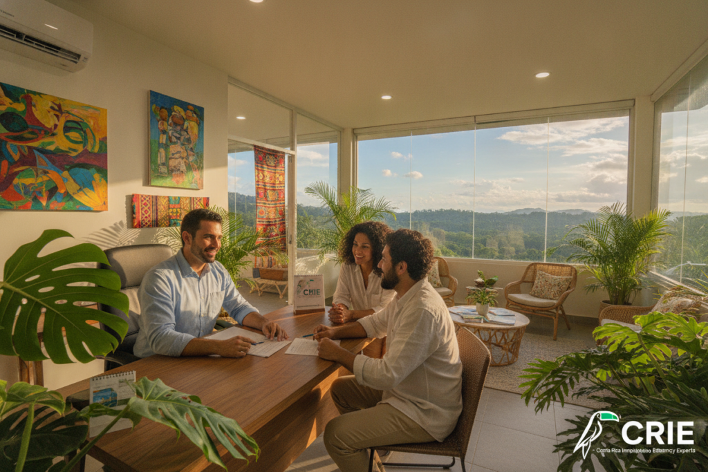 A serene and inviting scene showcasing CRIE’s expertise in immigration and residency in Costa Rica. In the foreground, a friendly, professional consultant, casually dressed, discusses paperwork with a diverse couple considering residency, with tropical greenery in the background. The middle layer features a welcoming office space adorned with Costa Rican decor, such as local artwork and plants. In the background, large windows reveal a vibrant view of Costa Rica's lush landscape, complete with rolling hills and clear skies, illuminated by natural sunlight. Capture the warm and supportive atmosphere reflecting CRIE’s dedication to helping clients navigate immigration processes. Use a wide-angle lens to encapsulate the harmonious blend of human interaction and the breathtaking natural environment, creating a photorealistic representation of professional guidance and community support.