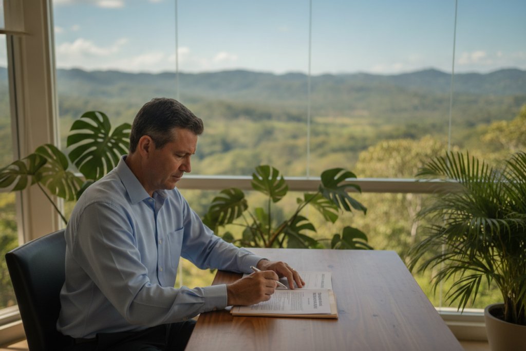 A serene and inviting scene showcasing a remote office space in Costa Rica, illuminated by soft, natural sunlight filtering through large windows. In the foreground, a middle-aged man in professional business attire sits at a desk with documents related to Pensionado residency fees spread out before him, a focused expression on his face. The middle ground features vibrant green tropical plants, enhancing the ambiance of the scene. In the background, a view of Costa Rica's lush landscape is visible, featuring rolling hills and bright blue skies. The mood is calm and productive, embodying the essence of maintaining residency status in a beautiful setting, captured with a gentle depth of field that emphasizes the subject while keeping the environment in soft focus.