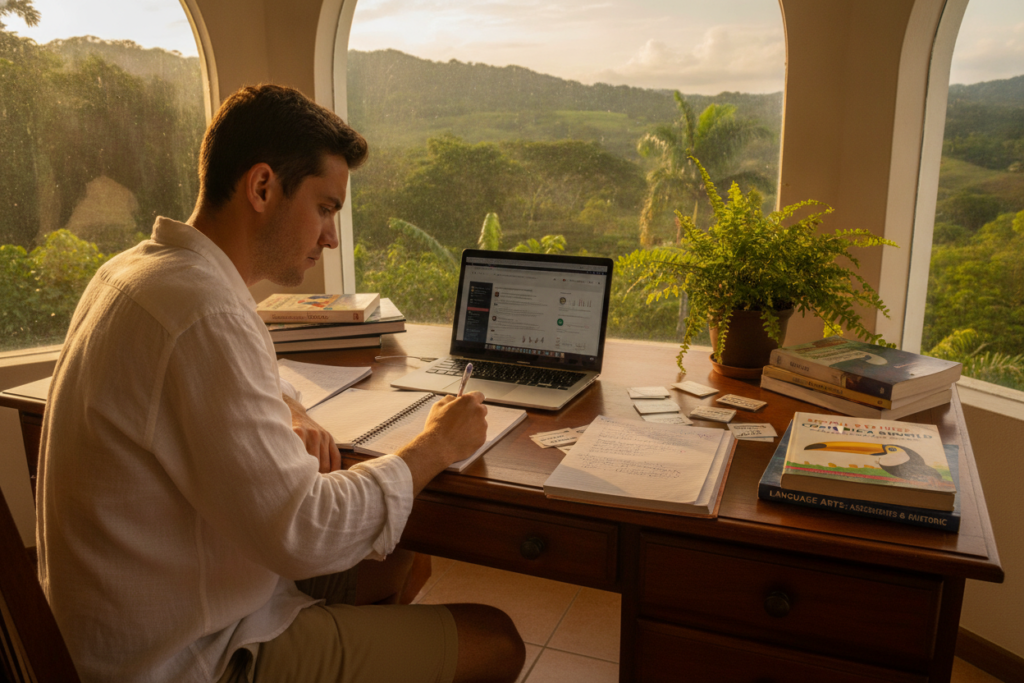 A serene and inviting study nook in a home located in Costa Rica, featuring a wooden desk with open notebooks, colorful study materials on Social Studies and Language assessments, and a laptop displaying educational resources. In the foreground, a person in modest casual clothing, focused and deeply engaged in studying, with a pen in hand and a thoughtful expression. The middle ground showcases a potted plant adding a touch of greenery, alongside textbooks and flashcards. The background features large windows letting in warm natural light, with a view of lush Costa Rican landscapes. The atmosphere is calm and motivating, evoking a sense of preparation and diligence amidst the vibrant setting. Shot with a wide-angle lens to capture the cozy ambiance, with soft shadows enhancing the scene. A serene and inviting study nook in a home located in Costa Rica, featuring a wooden desk with open notebooks, colorful study materials on Social Studies and Language assessments, and a laptop displaying educational resources. In the foreground, a person in modest casual clothing, focused and deeply engaged in studying, with a pen in hand and a thoughtful expression. The middle ground showcases a potted plant adding a touch of greenery, alongside textbooks and flashcards. The background features large windows letting in warm natural light, with a view of lush Costa Rican landscapes. The atmosphere is calm and motivating, evoking a sense of preparation and diligence amidst the vibrant setting. Shot with a wide-angle lens to capture the cozy ambiance, with soft shadows enhancing the scene.