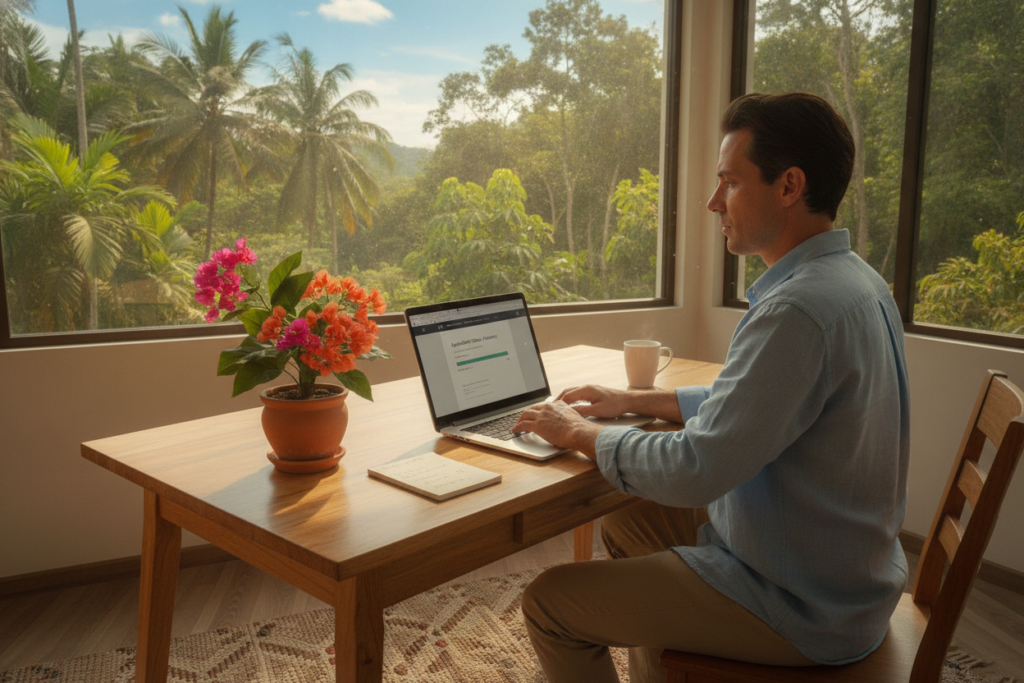 A serene and inviting workspace in Costa Rica, featuring a wooden desk adorned with a laptop displaying a residency application status page. In the foreground, a person casually dressed in business casual attire, focused on their laptop, with a look of determination. The middle ground showcases a colorful potted plant, typical of Costa Rican flora, adding vibrancy to the scene. In the background, a window reveals lush tropical greenery and bright blue skies, emphasizing the essence of Costa Rica. Soft, natural light flows into the room, creating a warm and welcoming atmosphere. The image conveys a sense of optimism and clarity, inspiring confidence in the residency application process.