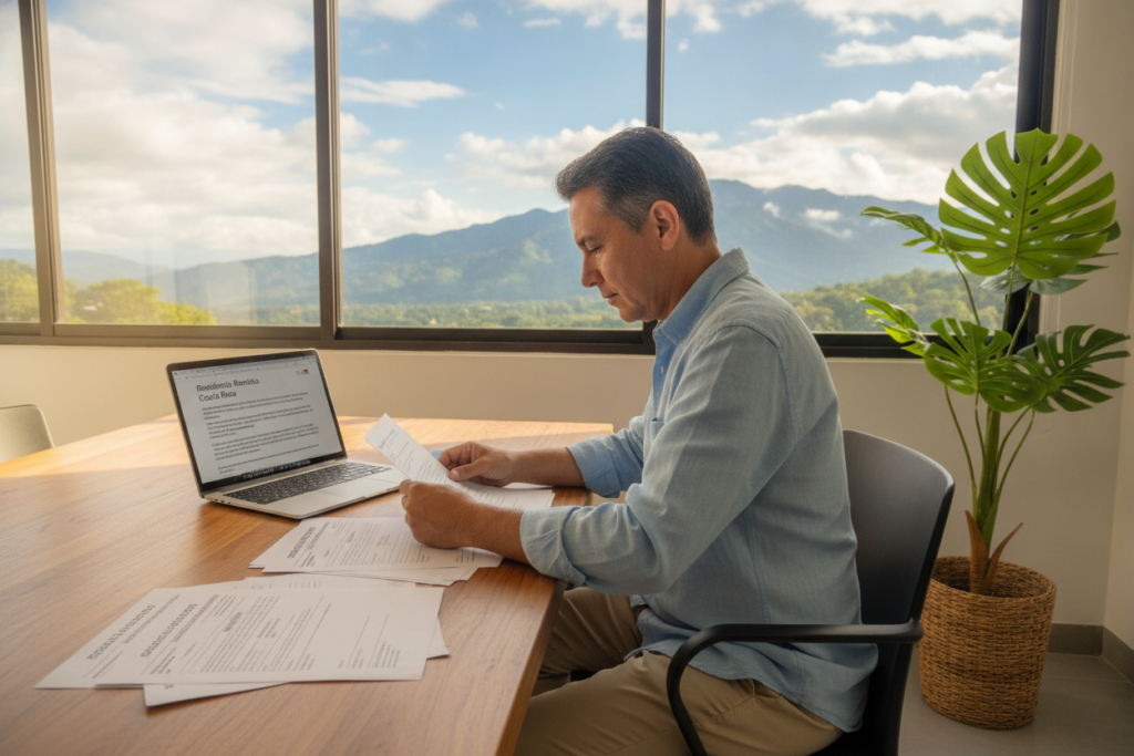 A serene and organized office space set in a modern Costa Rican building, featuring a wooden desk with official residency application forms and a laptop displaying information about the Rentista residency. In the foreground, a casually dressed professional, a middle-aged person of Hispanic descent, is reviewing documents with a focused expression. The middle ground includes a lush green plant, symbolizing the Costa Rican environment, and a window showcasing a vibrant blue sky and distant mountains, highlighting the natural beauty of the country. Soft, natural lighting floods the scene, creating an inviting and warm atmosphere. The image should evoke a sense of hope and clarity in navigating the residency application process.