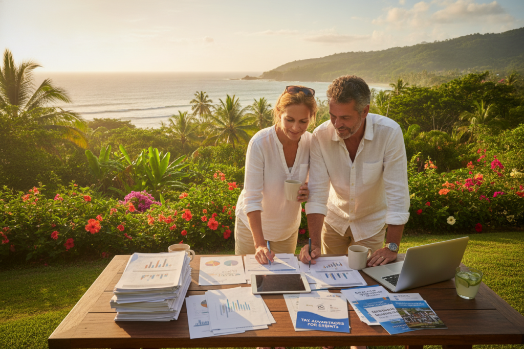 A serene and photorealistic scene capturing a sunny outdoor setting in Costa Rica, featuring a comfortable table with documents and financial materials representing retirement planning and tax benefits. In the foreground, a middle-aged couple, dressed casually in light summer attire, review graphs and financial papers, exuding a sense of relaxation and confidence. The middle ground showcases a lush tropical view with palm trees and vibrant flowers, reflecting the beauty of Costa Rica’s landscape. The background includes gentle rolling hills, a clear blue sky, and the sun casting warm, natural light across the scene, creating an inviting and optimistic atmosphere. The overall mood conveys both tranquility and the promise of a fruitful retirement.