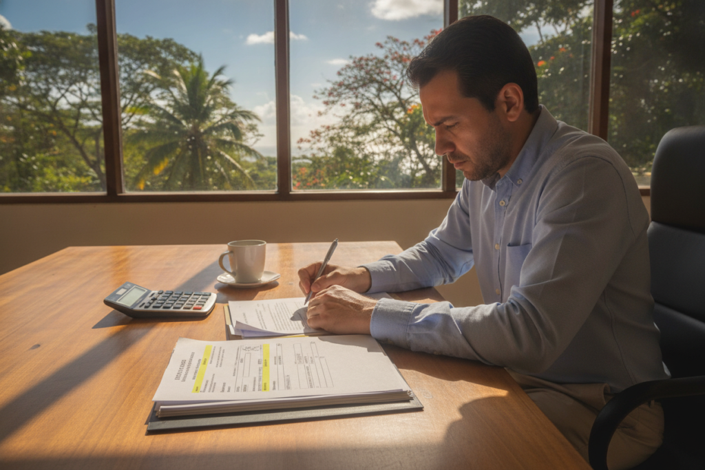 A serene and photorealistic scene depicting a professional office environment in Costa Rica, featuring a well-organized desk with detailed documents showing a DIMEX renewal form, highlighted by a calculator and a cup of coffee. In the foreground, a focused individual dressed in smart casual attire is reviewing the paperwork, their face showing concentration. The middle background reveals a window with a beautiful tropical landscape, including lush green foliage and bright blue skies, suggesting Costa Rica’s vibrant environment. Soft natural light flows into the room, casting gentle shadows that enhance the professional yet relaxed atmosphere. The overall mood is one of diligence and clarity, underscoring the importance of understanding renewal timelines and deadlines for DIMEX applications.