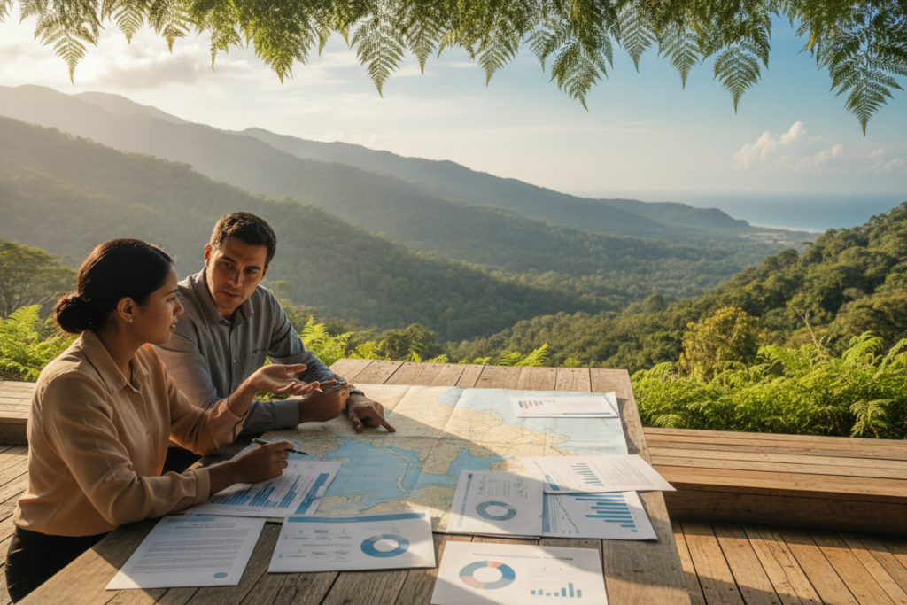 A serene and photorealistic scene depicting the concept of navigating long-term residency requirements in Costa Rica. In the foreground, a diverse group of three professionals dressed in modest business attire, engaged in discussion while reviewing documents with a backdrop of lush tropical greenery. In the middle ground, a rustic wooden table laden with charts and maps emphasizing residency options. The background features a stunning view of Costa Rica's mountainous landscape under bright natural sunlight, creating an inviting atmosphere. The lighting is soft yet bright, capturing the essence of a warm, sunny day. A slight depth of field effect focuses on the professionals while softly blurring the landscape, enhancing the feeling of exploration and professionalism in the process of immigration.