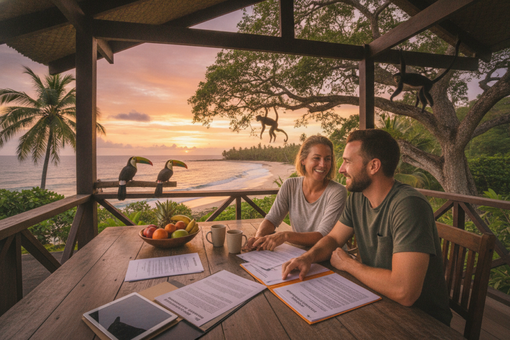 A serene and photorealistic scene set in Costa Rica, showcasing lush greenery and vibrant tropical flora, symbolizing the process of residency renewal. In the foreground, a casually dressed couple reviews documents on a wooden table under a covered patio with an ocean view, reflecting a positive and hopeful mood. In the middle ground, local wildlife such as colorful toucans and monkeys provide life to the environment. In the background, gentle waves kiss the sandy shore, framed by palm trees against a brilliant sunset sky, casting warm, natural light over the entire scene. The angle is slightly elevated, capturing the couple's focused expressions as they discuss key considerations for their residency renewal, evoking a sense of tranquility and optimism.