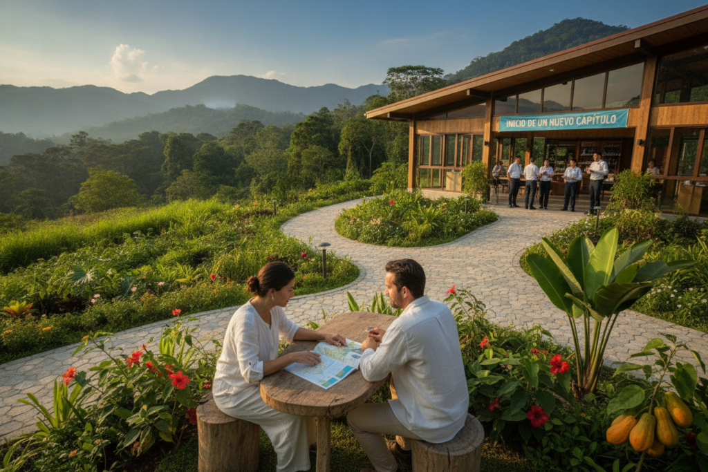 A serene and picturesque Costa Rican landscape depicting the strategies to streamline an immigration journey. In the foreground, a couple, casually dressed in light, breathable clothing, are consulting a guidebook while sitting at a rustic wooden table surrounded by tropical plants. The middle ground features a winding path leading to a welcoming immigration office, with friendly staff assisting individuals in the process. In the background, lush green mountains and clear blue skies symbolize hope and new beginnings. The scene is illuminated by soft, natural light, creating a warm, inviting atmosphere. Use a wide-angle lens to capture the expansive beauty of the landscape, evoking a sense of adventure and possibility.