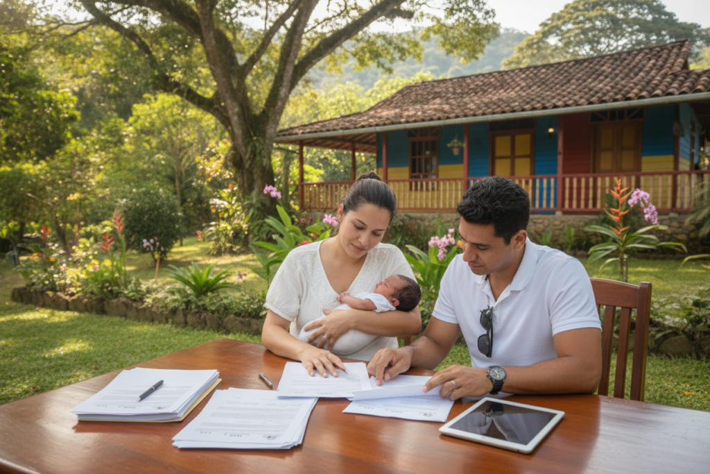 A serene and professional scene depicting the maintenance of legal residency in Costa Rica. In the foreground, a diverse family—parents and a newborn—are seated at a wooden table, reviewing official documents and forms with a look of concentration. The middle ground features a lush green garden, typical of Costa Rica, with tropical plants and a soft sunlight filtering through the leaves, casting gentle shadows. In the background, a traditional Costa Rican home with vibrant colors and rustic architecture complements the scene. Natural lighting enhances the warm, inviting atmosphere, suggesting a sense of stability and care. The family is casually dressed to reflect the laid-back lifestyle of Costa Rica, capturing a moment of responsibility and commitment to their residency journey.
