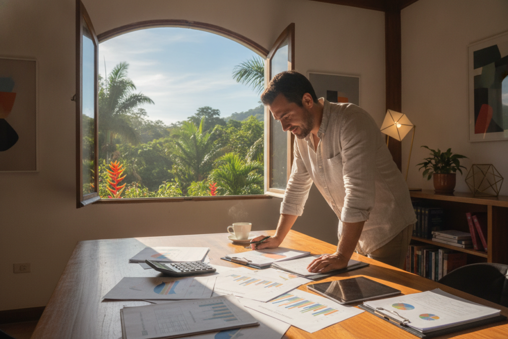 A serene and professional setting representing income assessment in Costa Rica. In the foreground, a casually dressed individual is examining financial documents on a wooden table, showcasing a mix of papers, charts, and a calculator. In the middle ground, an open window reveals lush green tropical vegetation outside, signifying the Costa Rican landscape. Soft, natural light filters through, casting gentle shadows and creating a warm atmosphere. In the background, hints of modern office decor can be seen, emphasizing a productive workspace. The overall mood is focused and insightful, highlighting the importance of understanding income assessment with a hint of Costa Rican culture. A serene and professional setting representing income assessment in Costa Rica. In the foreground, a casually dressed individual is examining financial documents on a wooden table, showcasing a mix of papers, charts, and a calculator. In the middle ground, an open window reveals lush green tropical vegetation outside, signifying the Costa Rican landscape. Soft, natural light filters through, casting gentle shadows and creating a warm atmosphere. In the background, hints of modern office decor can be seen, emphasizing a productive workspace. The overall mood is focused and insightful, highlighting the importance of understanding income assessment with a hint of Costa Rican culture.