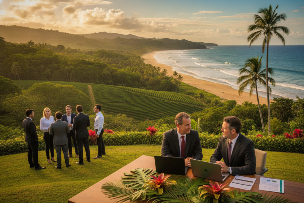 A serene coastal scene in Costa Rica showcasing a diverse group of individuals in professional business attire engaging in discussions about residency options. In the foreground, a middle-aged man and woman, deep in conversation, with laptops open on a sleek wooden table adorned with tropical plants. In the middle ground, a brilliant landscape of lush green hills and scattered coffee plantations under the warm glow of the setting sun, emphasizing the natural beauty of the country. The background features a vibrant blue ocean, gently lapping at the sandy shores, with distant surfers and palm trees swaying in the breeze. The overall mood is optimistic and collaborative, reflecting opportunities for legal residency and income generation in Costa Rica. Photorealistic style, natural lighting, shot from a slight elevation to capture the interactions and stunning surroundings.