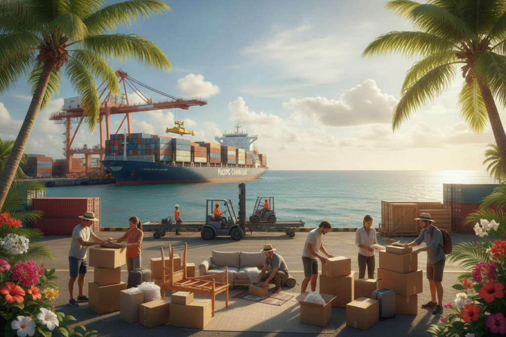A serene coastal scene in Costa Rica, showcasing the process of shipping household goods. In the foreground, a group of casually dressed individuals sorts various boxes and items like furniture and personal belongings, preparing them for shipping. The middle ground features a large container ship docked at a vibrant port, with workers loading and unloading goods. Lush green palm trees and colorful flowers frame the scene, reflecting Costa Rica's tropical beauty. In the background, the sparkling blue ocean extends towards the horizon under a bright, sunny sky with a few fluffy clouds. The lighting is warm and natural, evoking a sense of optimism and new beginnings, emphasizing the adventure of relocating to a tropical paradise. A serene coastal scene in Costa Rica, showcasing the process of shipping household goods. In the foreground, a group of casually dressed individuals sorts various boxes and items like furniture and personal belongings, preparing them for shipping. The middle ground features a large container ship docked at a vibrant port, with workers loading and unloading goods. Lush green palm trees and colorful flowers frame the scene, reflecting Costa Rica's tropical beauty. In the background, the sparkling blue ocean extends towards the horizon under a bright, sunny sky with a few fluffy clouds. The lighting is warm and natural, evoking a sense of optimism and new beginnings, emphasizing the adventure of relocating to a tropical paradise.