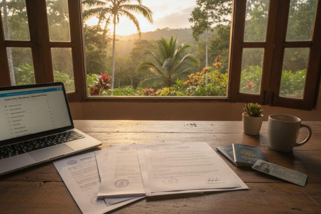 A serene desk scene set in a bright, airy room that captures the essence of preparing essential documents for a residency application. In the foreground, a wooden desk is neatly organized with a variety of paperwork, including marriage certificates, financial statements, and identification documents, all arranged meticulously. A laptop is open, displaying a checklist. In the middle ground, a rustic window reveals a picturesque view of Costa Rican greenery bathed in warm, natural sunlight, creating a relaxed atmosphere. The background features soft, tropical plants enhancing the ambiance. The overall mood reflects focus and determination, ideal for someone preparing their residency application, with a touch of Costa Rican charm. The scene is captured with a wide-angle lens, emphasizing clarity and depth.