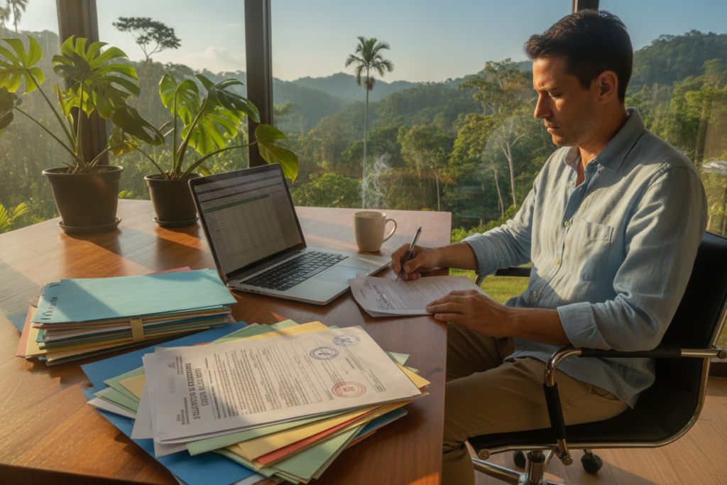 A serene desk scene set in a sunlit Costa Rican office, showcasing an array of colorful documents stacked neatly alongside a laptop and a steaming cup of coffee. In the foreground, a well-organized pile of paperwork includes a Costa Rican residency application form and official stamps, symbolizing the document preparation process. The middle ground features a professional individual, dressed in modest business casual attire, intently reviewing the documents under warm natural light filtering through a window adorned with tropical plants. In the background, a vibrant view of lush green hills and palm trees is visible, evoking a sense of tranquility and optimism, perfectly illustrating the mood of navigating the residency journey in Costa Rica. The image should capture the essence of careful preparation and attention to detail.