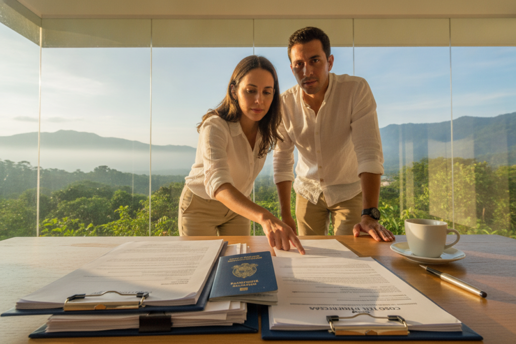 A serene desk setup in a bright, airy room overlooking a lush Costa Rican landscape. In the foreground, a neatly arranged stack of essential residency application documents, including forms, a passport, and financial statements, sits next to a pen and a coffee cup. The middle ground shows a pair of casually dressed individuals, reviewing the documents with focused expressions, one pointing at a specific form. The background reveals a large window with vibrant greenery, blue skies, and perhaps distant mountains, illuminated by warm, natural light. The overall atmosphere conveys a sense of professionalism and hope, reflecting the importance of preparing for residency in Costa Rica. A serene desk setup in a bright, airy room overlooking a lush Costa Rican landscape. In the foreground, a neatly arranged stack of essential residency application documents, including forms, a passport, and financial statements, sits next to a pen and a coffee cup. The middle ground shows a pair of casually dressed individuals, reviewing the documents with focused expressions, one pointing at a specific form. The background reveals a large window with vibrant greenery, blue skies, and perhaps distant mountains, illuminated by warm, natural light. The overall atmosphere conveys a sense of professionalism and hope, reflecting the importance of preparing for residency in Costa Rica.
